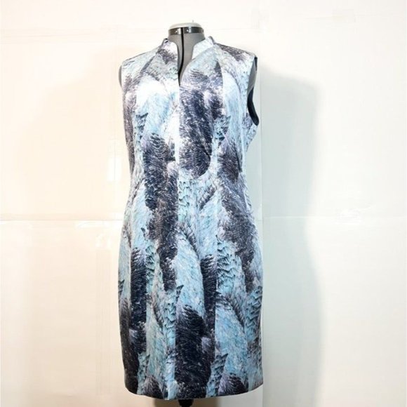 Tahari ASL NWOT Sz 16 Feather Print Velvet Feel Sheath Deep V Collar Dress - Picture 2 of 4